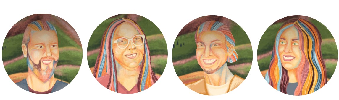 Les participants au documentaires dans l'ordre : Louis-Philip lamontagne, Cindy Vollant, Félix Perkins et Rose Bacon-Coutu. (Capture d'écran, illustrations Rosalie Guay)